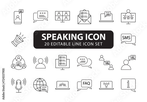 Speaking icon set black fill. Communication icons collection. Containing discussion, speech bubble, talking and consultation. Speak icons Pixel perfect. Mobile, message, support, ....