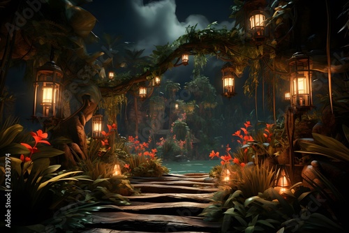 Lanterns in the jungle at night. 3D rendering