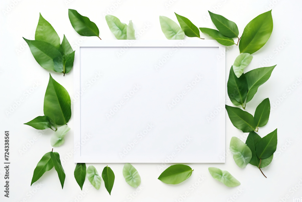 Photo creative layout made of green leaves with paper Photo creative layout made of green leaves with paper