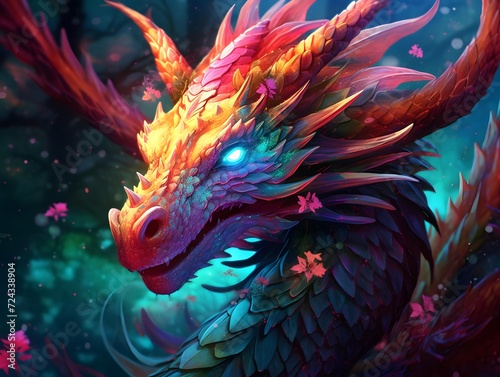 3d rendering of a fantasy dragon on a black background with colorful flowers © Iman