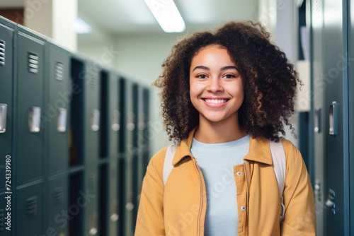 Portrait of a smiling african high school student in a high school hallway photo