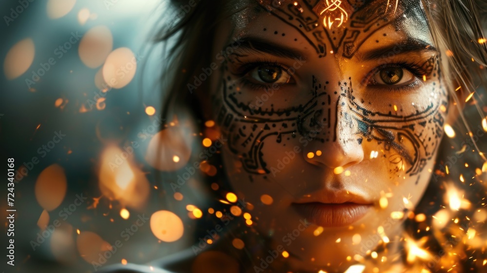 A closeup of a woman with a serene expression, her face adorned with intricate runes and symbols, with sparks bursting behind her.