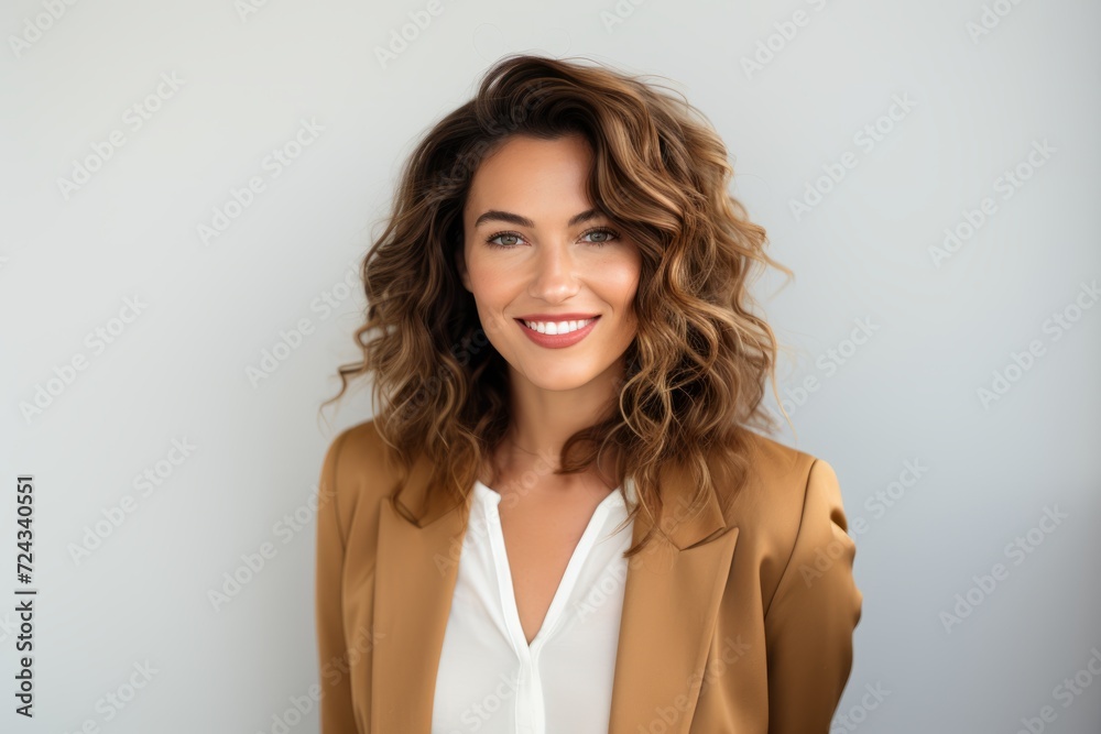 portrait of smiling businesswoman in beige suit on grey background portrait of smiling businesswoman in beige suit on grey background