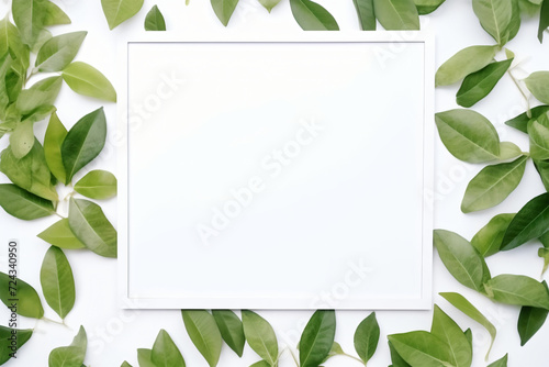 Photo creative layout made of green leaves with paper