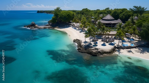 Aerial panoramic view of beautiful tropical beach with palm trees, white sand, turquoise ocean water and blue sky © Iman