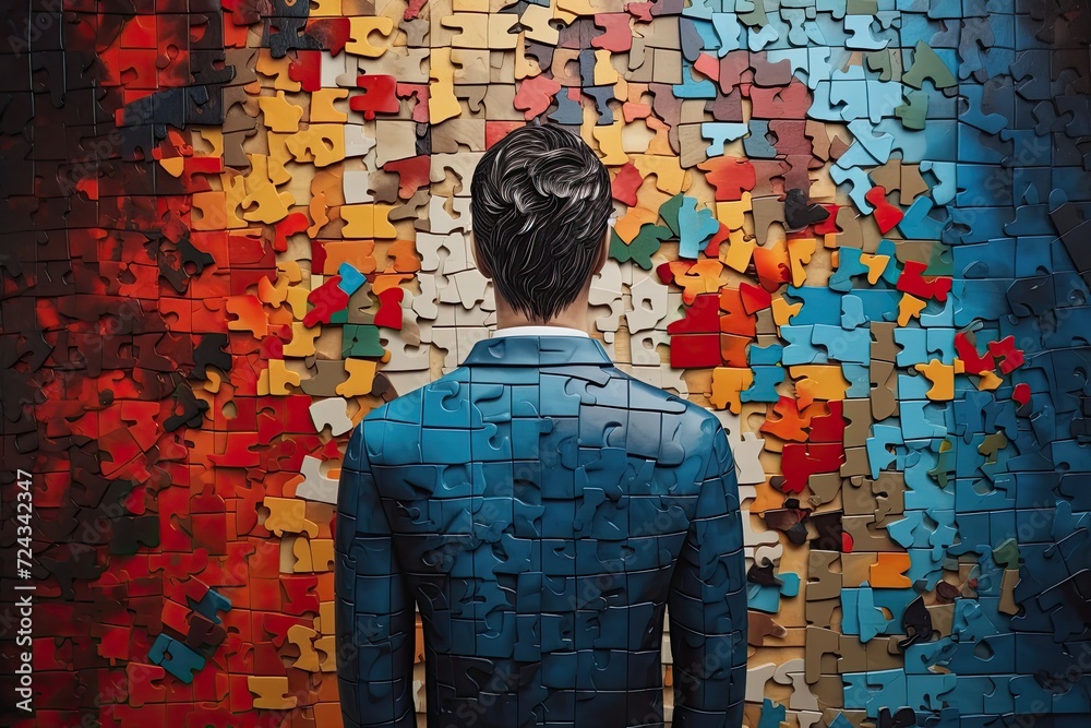 A man consisting of puzzles against the background of a large number of puzzle pieces. A man consisting of puzzles against the background of a large number of puzzle pieces.