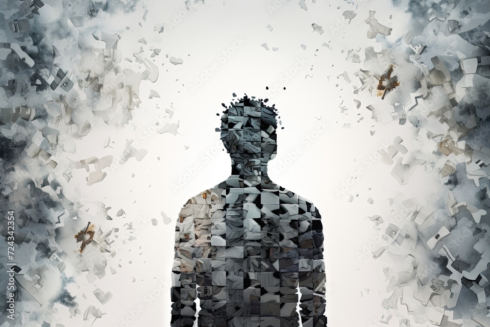 The silhouette of a man consisting of a large number of gray puzzles.