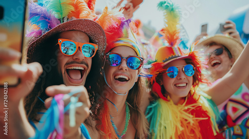 Group of young people taking a selfie at carnival wearing funny costumes - Model by AI generative
