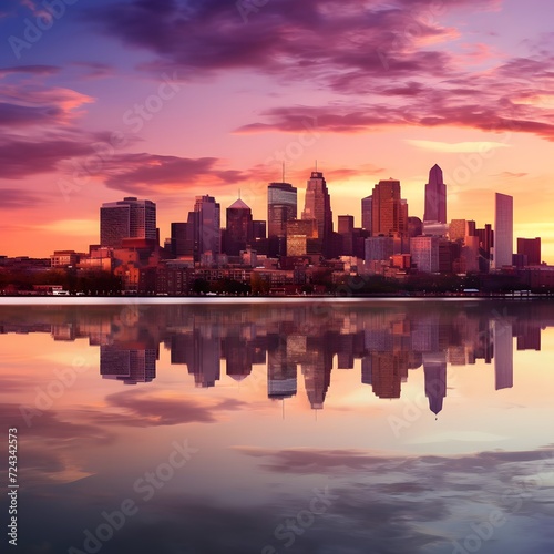 Boston skyline at sunset with reflection in water  Massachusetts  USA.
