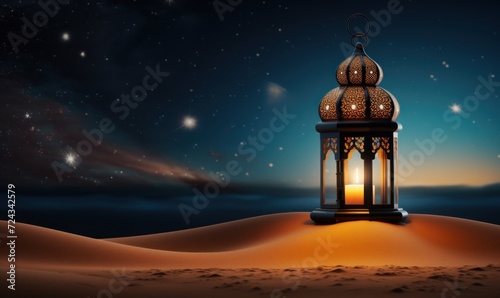 Islamic Lantern Amidst the Serene Desert Under a Starry Sky