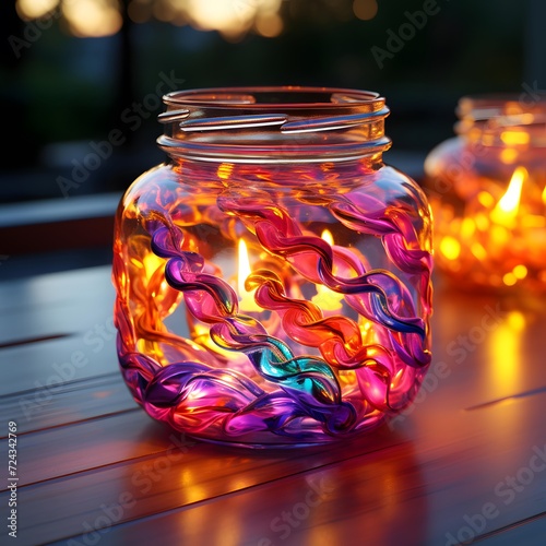 Candles in a glass jar on a wooden table in the evening