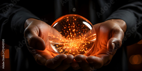 Bright glass sphere on hands in magic vibe