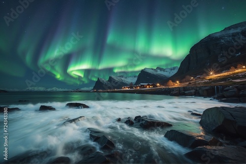 Beautiful view of landscape of aurora over rocky seashore in Norway © StockArtEmpire.AI