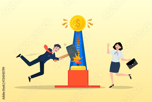Businessman hit strength tester with big hammer to reach top, Strength tester for performance evaluation, KPI key performance indicator to measure success, achievement or winning score (Vector)