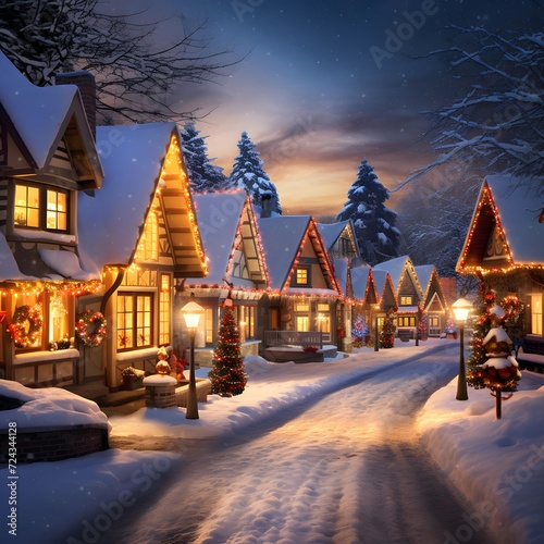 Beautiful Christmas houses in the village at night. Winter landscape.