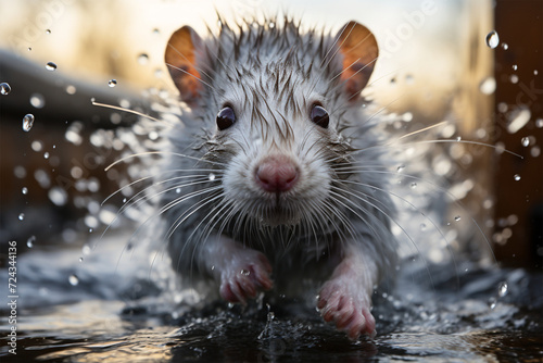a mouse swims in the water