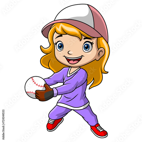 Cute little girl cartoon playing a baseball