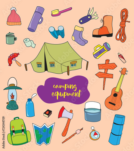 Camping colorful icon collection. Camping concept doodle illustrations collection. Doodle camp illustrations set. Camp equipments colorful doodle illustration set