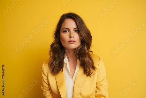 Portrait of a young beautiful woman in yellow jacket on yellow background © Iigo