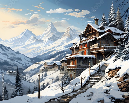 Winter mountain panorama with snowy fir trees and wooden house. 3D rendering