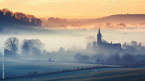 Misty Morning Homes Chimneys release their steam as the countryside awakens