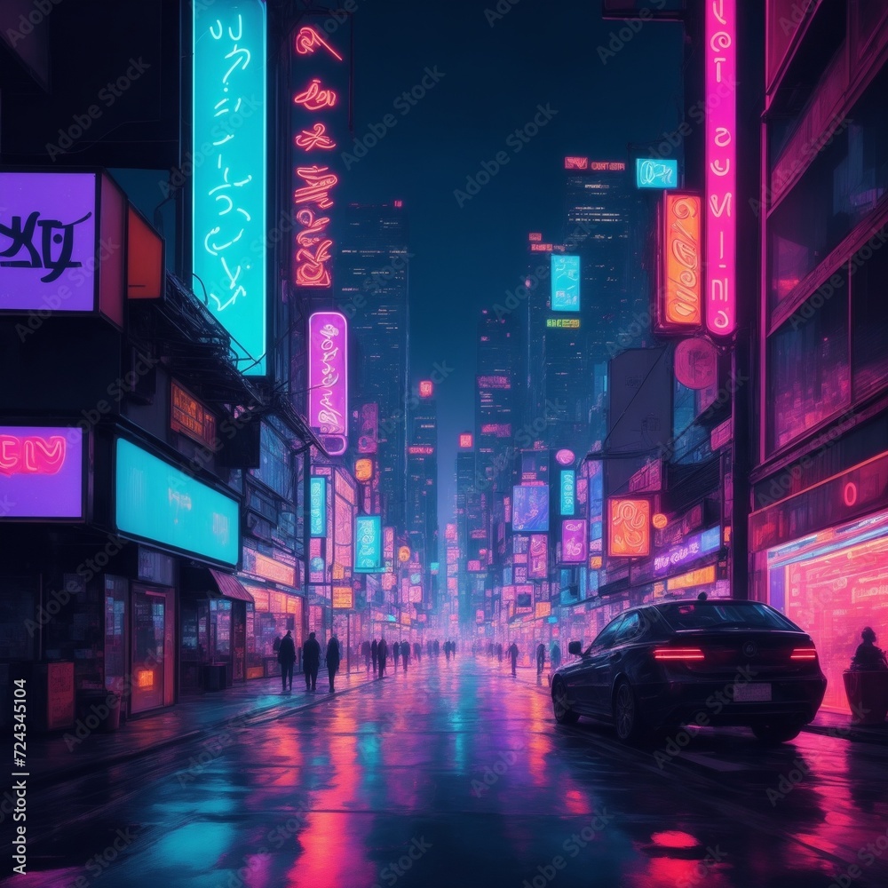 cityscape at night is a vibrant tapestry of neon lights and reflections