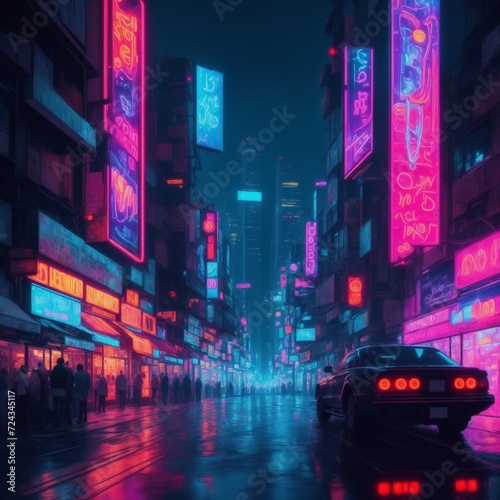 cityscape at night is a vibrant tapestry of neon lights and reflections © americandigi