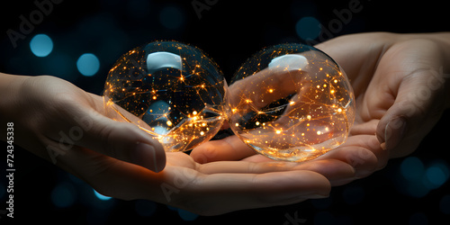 Bright glass spheres on hands in magic vibe