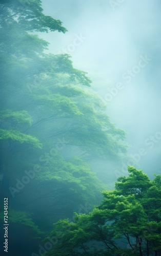 A green forest with trees and fog. Generative AI.