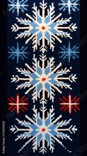 A blue and red snowflake pattern on a black background. Generative AI.