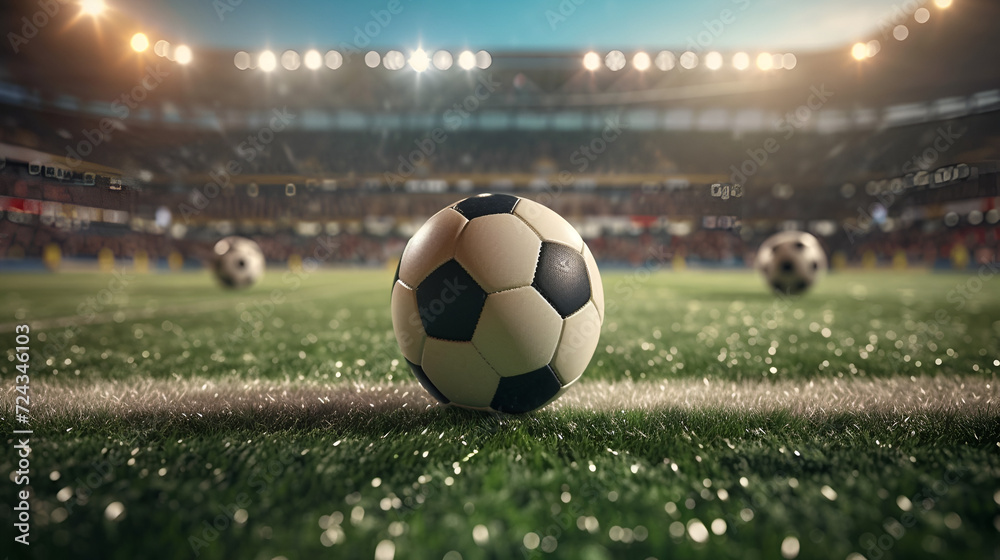  Football soccer ball on grass field on stadium, Soccer Ball in a Stadium with Lights. A classic black and white soccer ball on green grass in the center of a stadium, Generative Ai