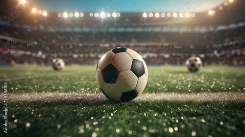  Football soccer ball on grass field on stadium, Soccer Ball in a Stadium with Lights. A classic black and white soccer ball on green grass in the center of a stadium, Generative Ai © Saleem