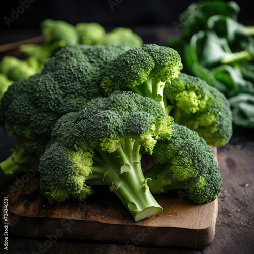 Green organic broccoli on wooden table,healthy food, close up