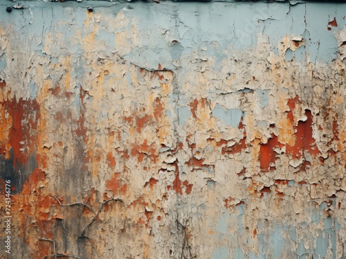 A photograph capturing a rusted metal surface with sections of paint peeling off, revealing the worn texture underneath.