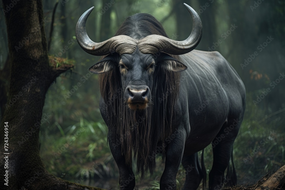 A powerful bull with impressive horns stands confidently in a lush forest setting, exuding strength and presence. A powerful bull with impressive horns stands confidently in a lush forest setting, exuding strength and presence.