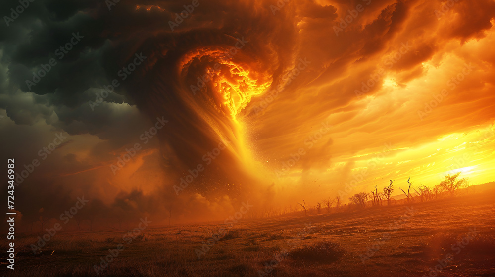 smoke spiraling upward in a hypnotic and dangerous display,  Chaotic Beauty of Fire Tornado with Swirling Flames,  fire in the sky with a large plume of smoke, detailed swirling fire, Generative AI 