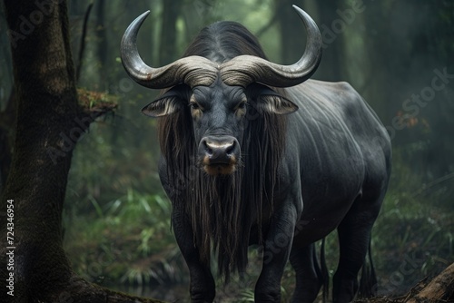 A powerful bull with impressive horns stands confidently in a lush forest setting, exuding strength and presence.