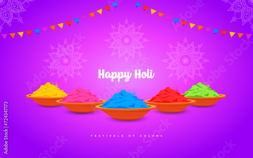 Bowls of Joy A vibrant close-up of colored powders in bowls against a purple backdrop. Celebrate the spirit of Holi with the cheerful message 'Happy Holi!' and 'Festivals of Colors'