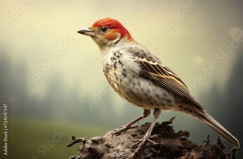 A bird with a red head perches on a branch, displaying its vibrant color against the natural backdrop.