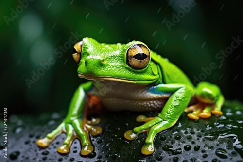 A green frog perched on a leaf, showcasing its natural habitat and behavior. © pham