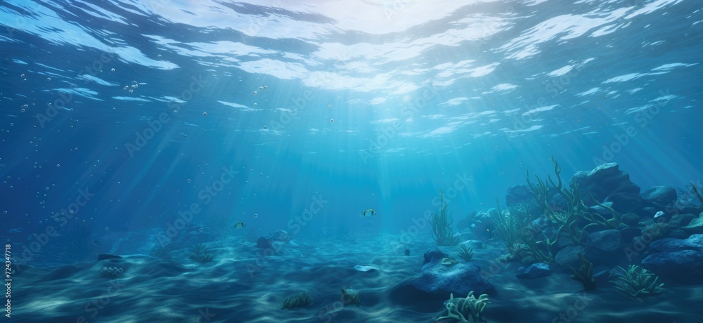 An image showcasing a vibrant coral reef teeming with marine life, illuminated by sunlight filtering through the crystal-clear water.