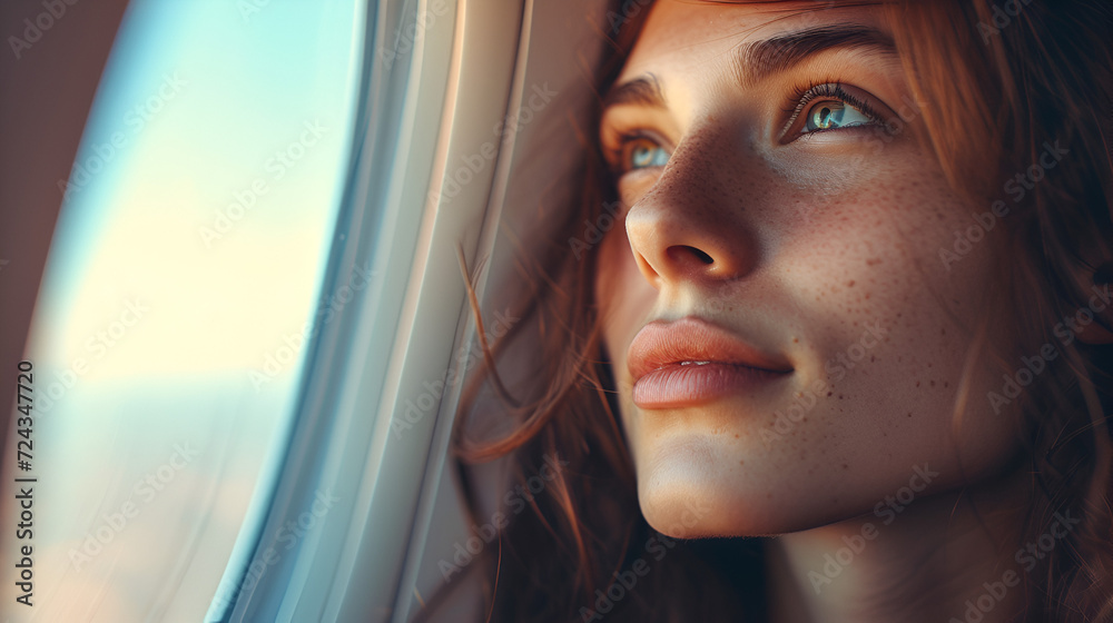 woman sitting in a seat in airplane and looking out the window, generative ai