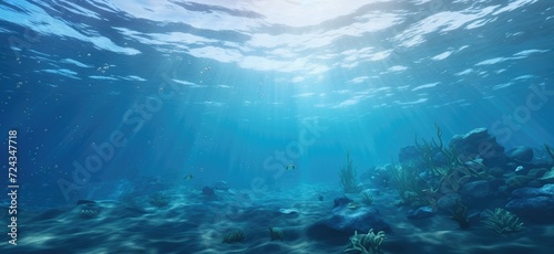 An image showcasing a vibrant coral reef teeming with marine life, illuminated by sunlight filtering through the crystal-clear water.