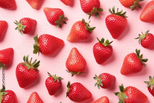 A collection of ripe strawberries arranged neatly on a vibrant pink background.