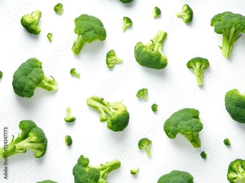 A photograph showcasing a scattering of broccoli florets on a clean white surface.