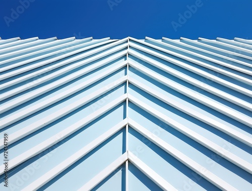 A photo of the top of a building against a clear blue sky.