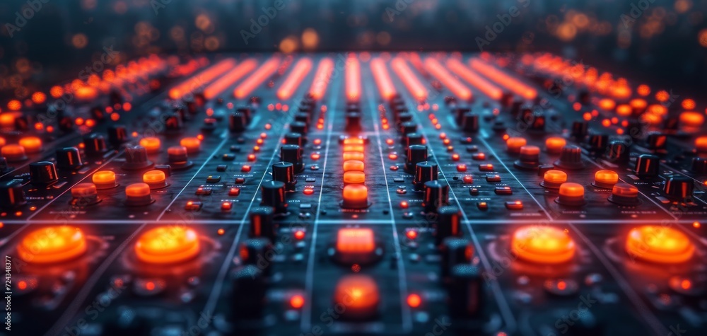 Professional Audio Mixer Console with Glowing Buttons.