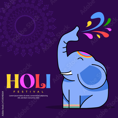 Festive Elephant Deligh  A background gradient in yellow, orange, pink, and purple sets a joyful tone. At the center, a blue elephant joyfully throws colorful paint, creating a vibrant rainbow effect
