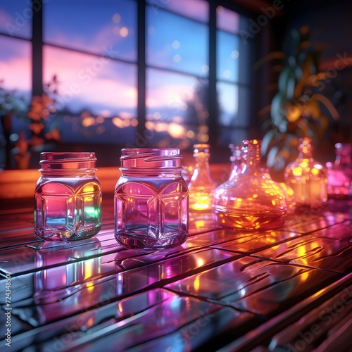 Empty glass bottles on a table in a bar. Night scene.