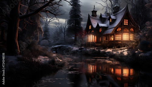 Winter landscape with old wooden house at night. Panoramic image.